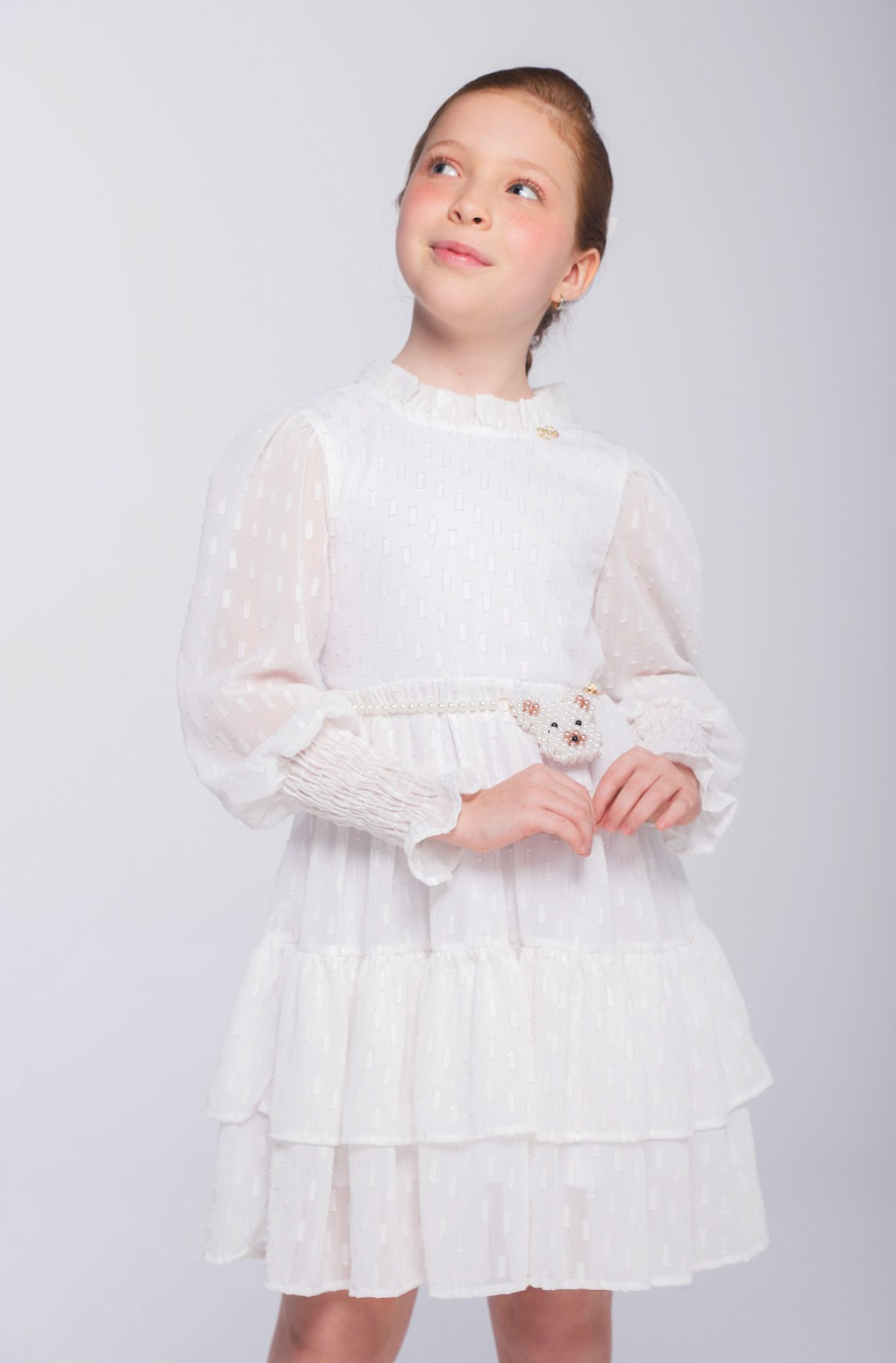 Vestido Infantil Chiffon Rodado ML Cinto Pérolas Ursinho Branco - Luluzinha