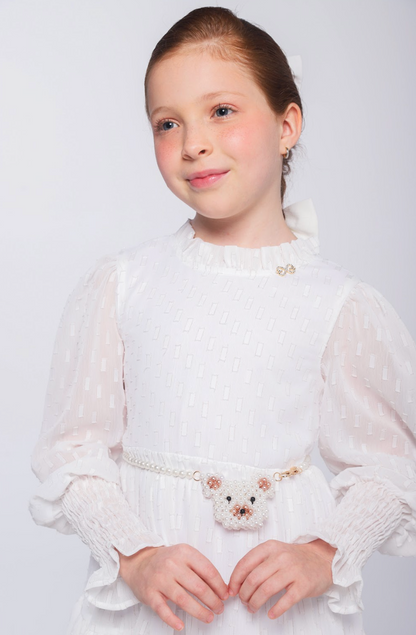 Vestido Infantil Chiffon Rodado ML Cinto Pérolas Ursinho Branco - Luluzinha