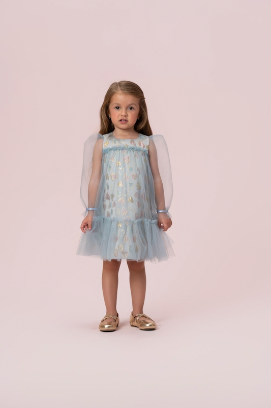 Vestido Infantil Trapézio ML Tule Jacquard Corações Azul - Petit Cherie
