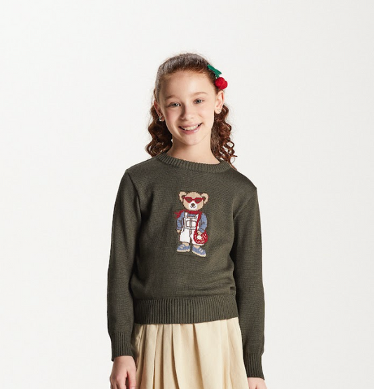 Blusa Infantil Tricot Ursinho Oliva - Um Mais Um