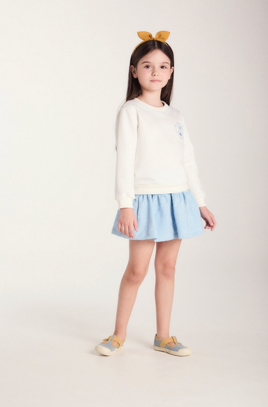 Conjunto Infantil Blusa Moletom ML Bordado e Saia Alfaiataria Jacquard Azul Claro - Beabá