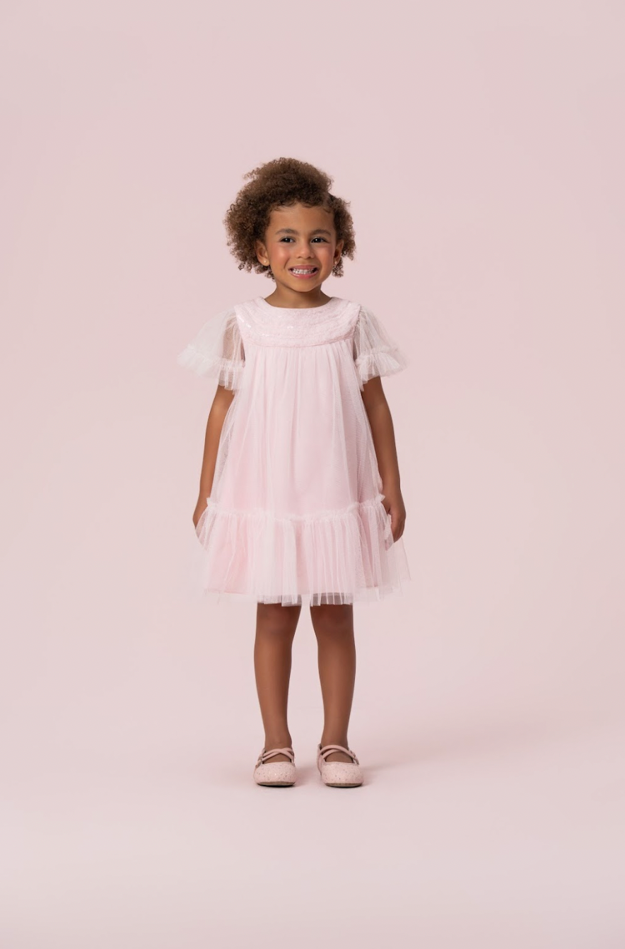 Vestido Infantil Trapézio Tule Bordado Delicado Busto Rosa - Petit Cherie PRÉ-VENDA