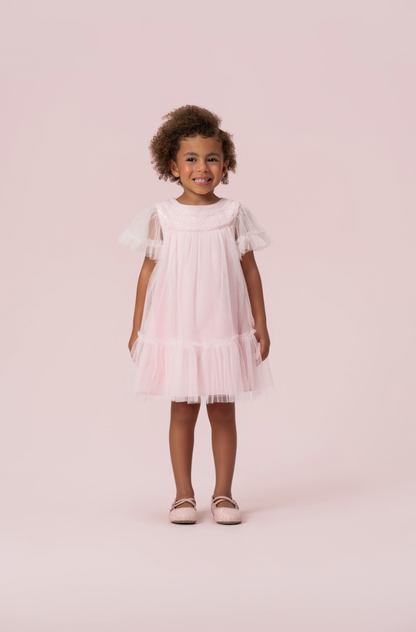 Vestido Infantil Trapézio Tule Bordado Delicado Busto Rosa - Petit Cherie PRÉ-VENDA