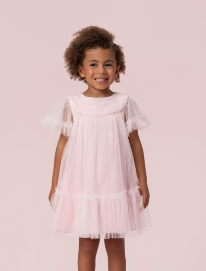 Vestido Infantil Trapézio Tule Bordado Delicado Busto Rosa - Petit Cherie PRÉ-VENDA