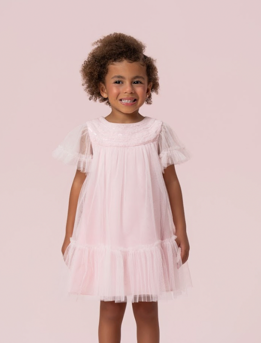 Vestido Infantil Trapézio Tule Bordado Delicado Busto Rosa - Petit Cherie PRÉ-VENDA