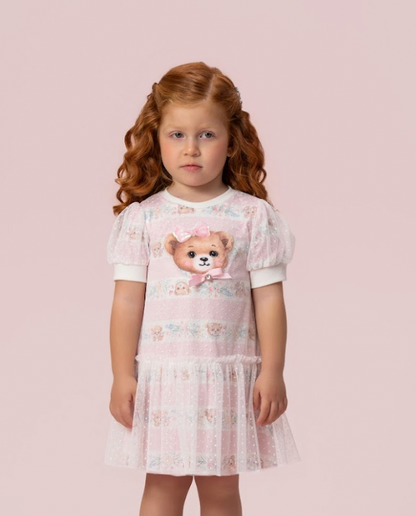 Vestido Infantil Trapézio Tule Poá Ursinha Bordado Lacinho Rosa - Petit Cherie PRÉ-VENDA