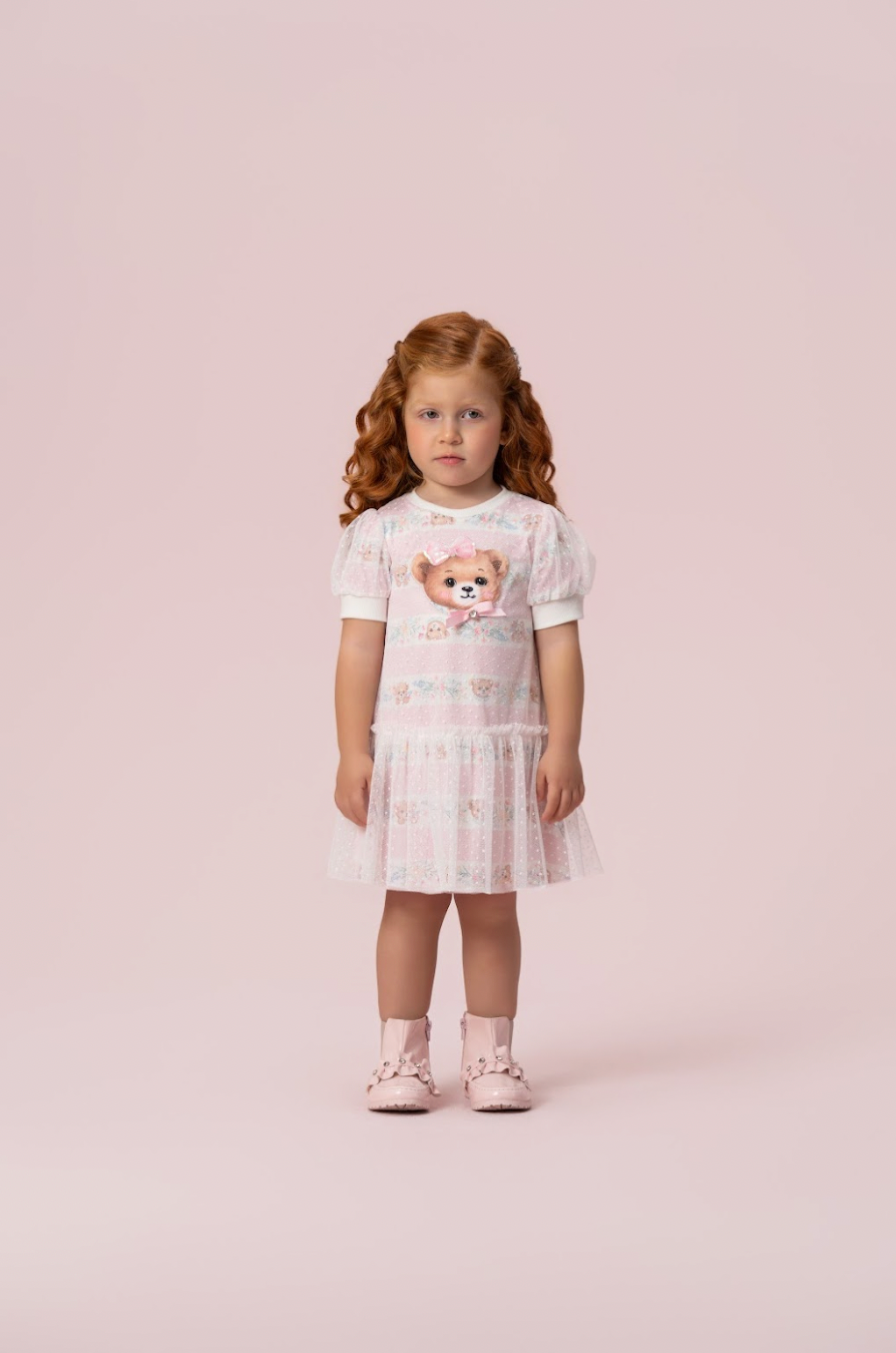 Vestido Infantil Trapézio Tule Poá Ursinha Bordado Lacinho Rosa - Petit Cherie PRÉ-VENDA