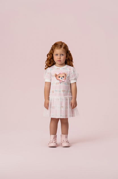 Vestido Infantil Trapézio Tule Poá Ursinha Bordado Lacinho Rosa - Petit Cherie PRÉ-VENDA