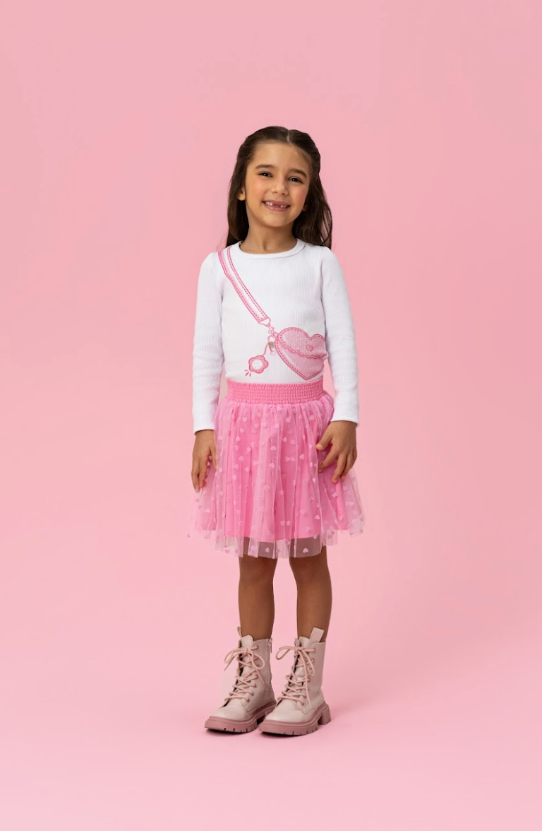 Conjunto Infantil Blusa Bolsa Coração e Saia de Tule Coração - Mon Sucré