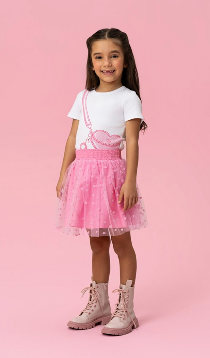 Conjunto Infantil Blusa Bolsa Coração e Saia de Tule Coração - Mon Sucré