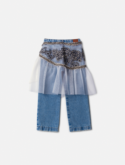Conjunto Infantil Blusa Golinha Gravata Strass Pérola e Calça Jeans Lenço Bordado - Animê