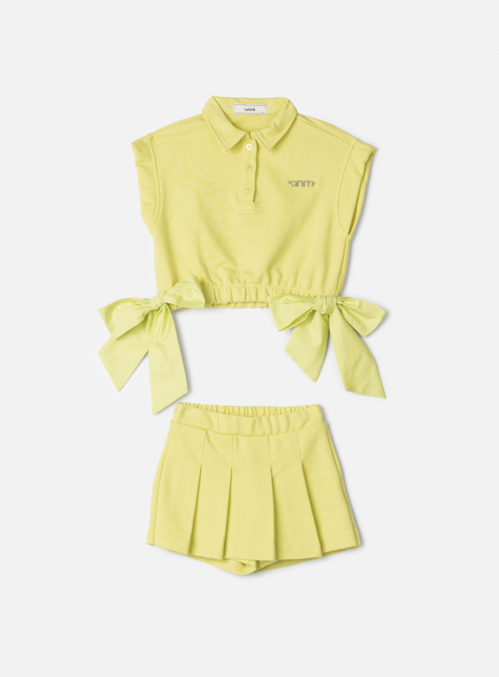 Conjunto Infantil Blusa Laços Laterais e Saia-shorts Pregas Verde Melão - Animê