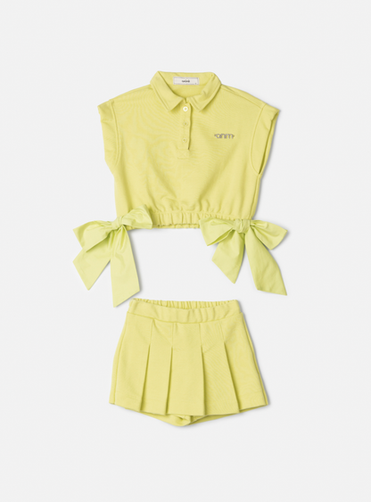 Conjunto Infantil Blusa Laços Laterais e Saia-shorts Pregas Verde Melão - Animê