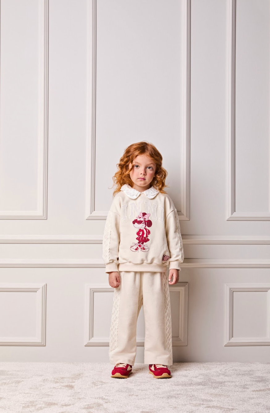 Conjunto Infantil Casaco Minnie Renda Bordadoe Calça Moletom Renda Bege Vanilla - Animê Petite