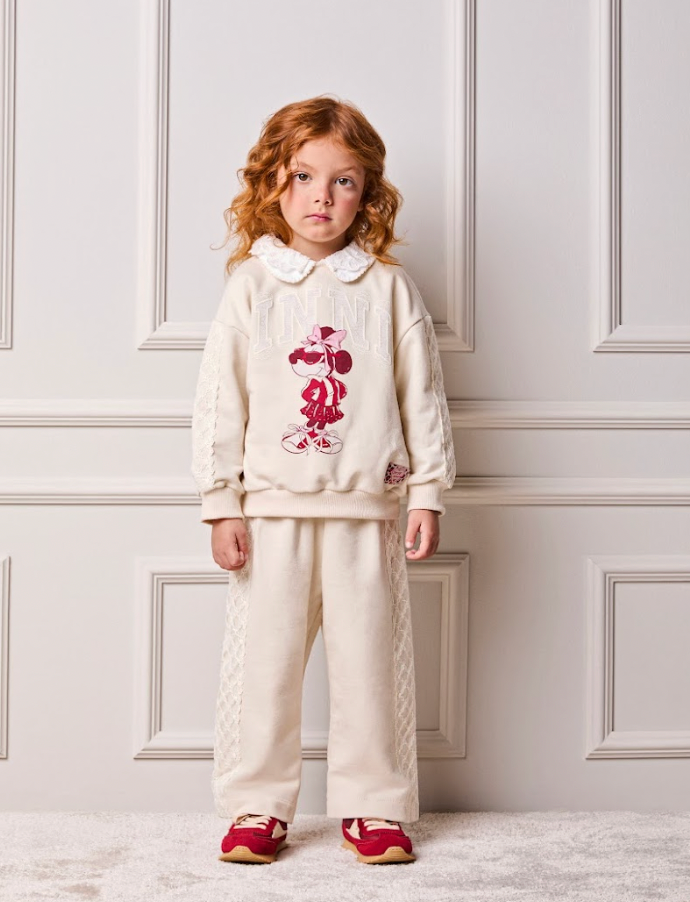 Conjunto Infantil Casaco Minnie Renda Bordadoe Calça Moletom Renda Bege Vanilla - Animê Petite