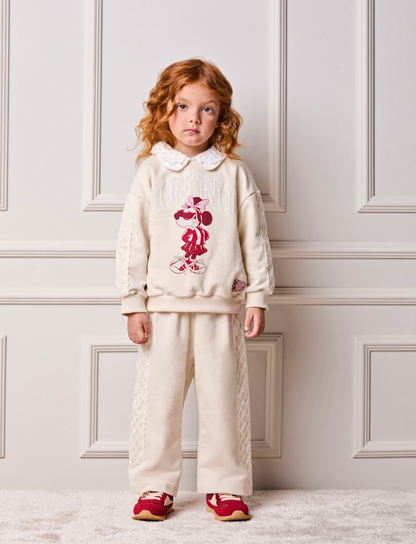 Conjunto Infantil Casaco Minnie Renda Bordadoe Calça Moletom Renda Bege Vanilla - Animê Petite