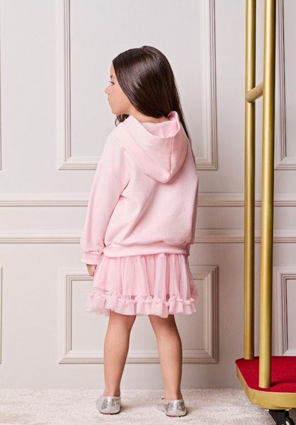 Conjunto Infantil Casaco Minnie Strass Laço e Saia Tule Babado Rosa Soft - Animê Petite