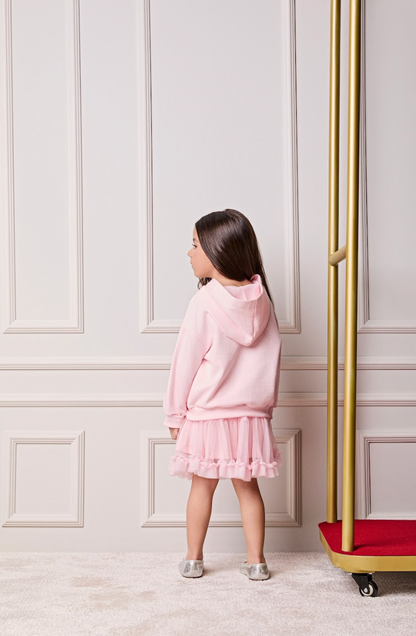 Conjunto Infantil Casaco Minnie Strass Laço e Saia Tule Babado Rosa Soft - Animê Petite