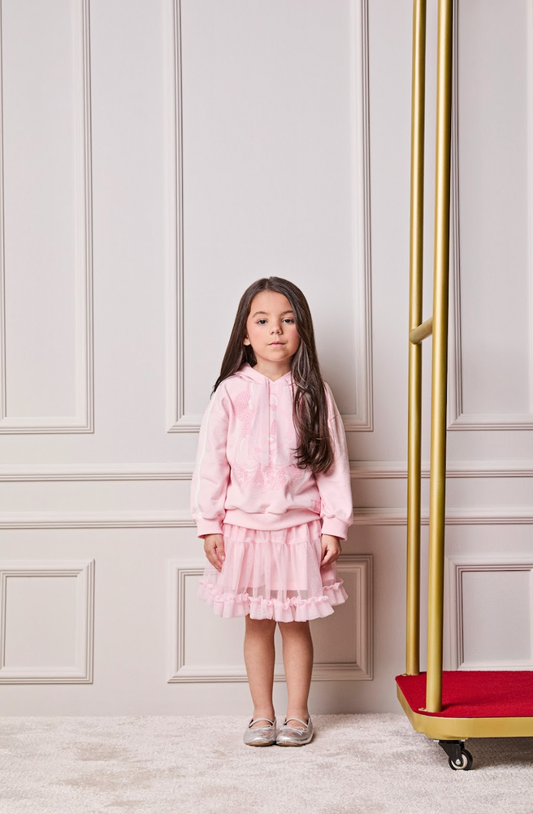 Conjunto Infantil Casaco Minnie Strass Laço e Saia Tule Babado Rosa Soft - Animê Petite
