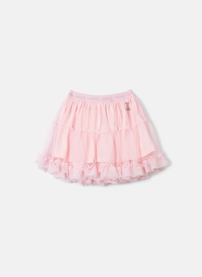 Conjunto Infantil Casaco Minnie Strass Laço e Saia Tule Babado Rosa Soft - Animê Petite