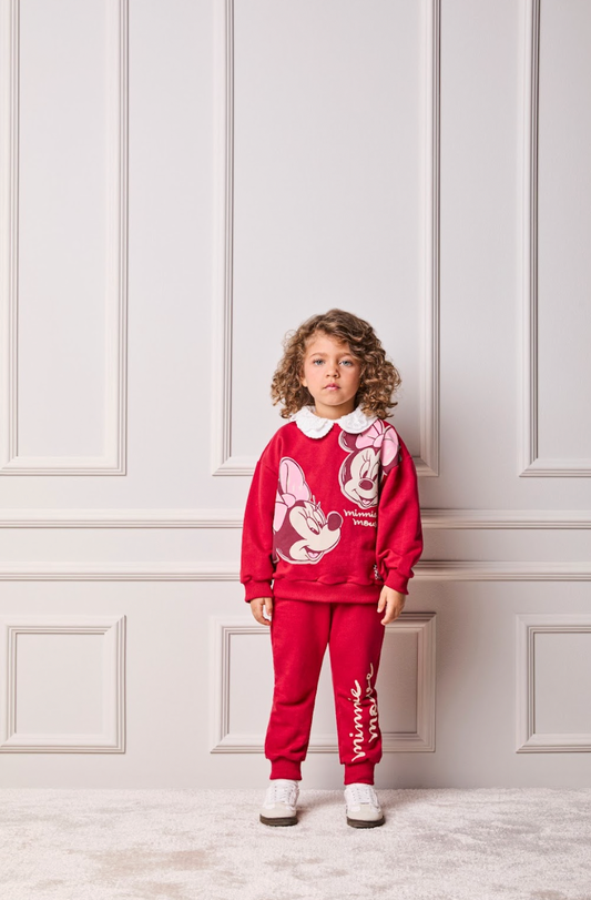 Conjunto Infantil Casaco Gola Bordada Branca e Calça Vermelho Berry - Animê
