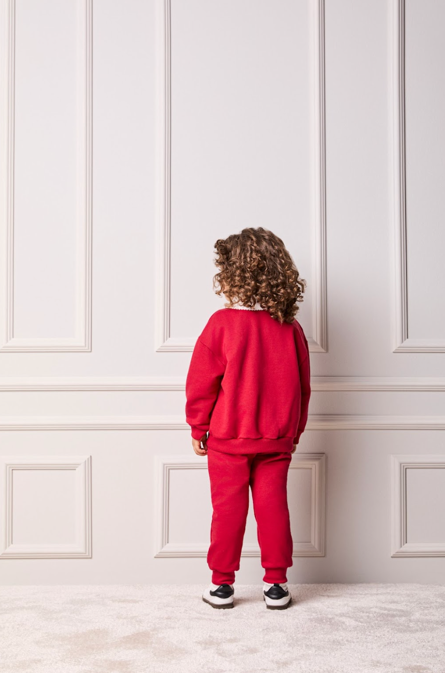 Conjunto Infantil Casaco Gola Bordada Branca e Calça Vermelho Berry - Animê