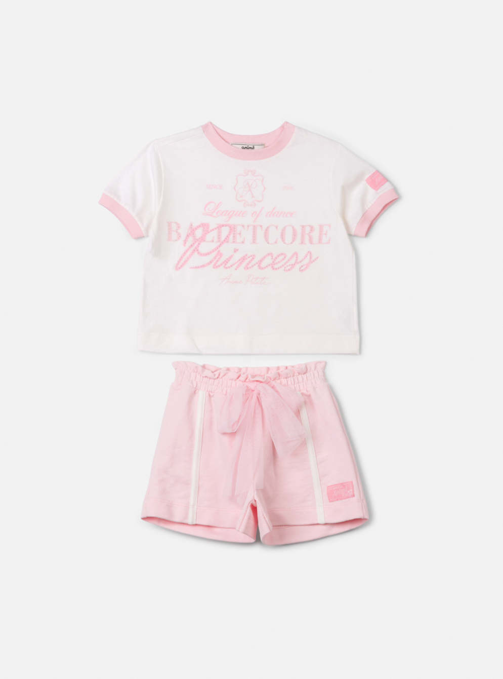 Conjunto Infantil Blusa Perolada Ballet Core Shorts e Laço Rosa - Animê Petite