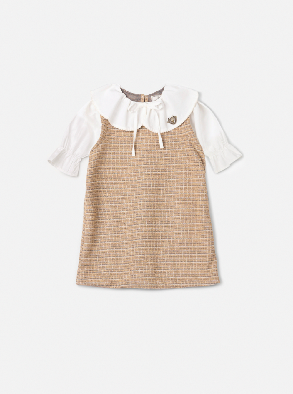 Vestido Infantil Manga Curta Tweed Xadrez Bege - Animê Petite