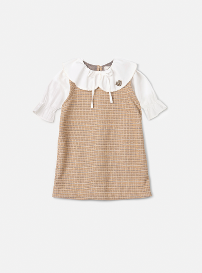Vestido Infantil Manga Curta Tweed Xadrez Bege - Animê Petite