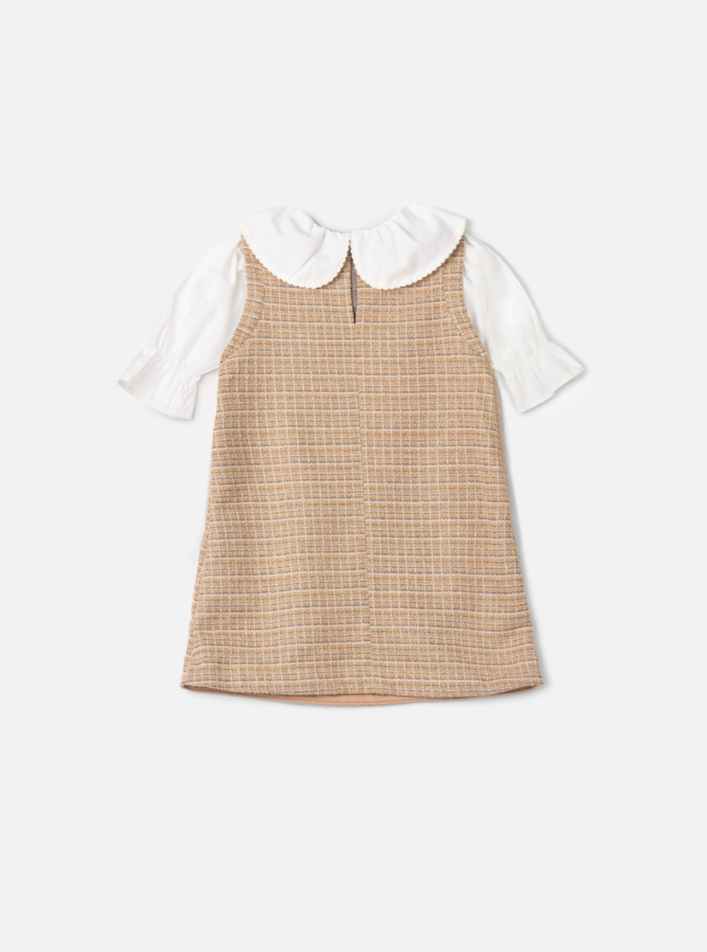 Vestido Infantil Manga Curta Tweed Xadrez Bege - Animê Petite