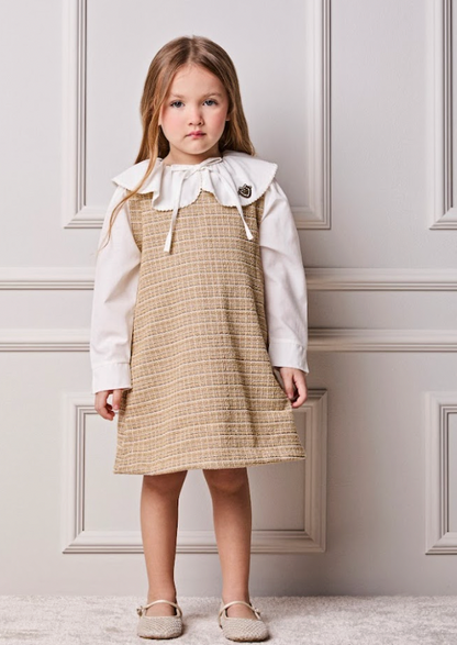 Vestido Infantil Manga Curta Tweed Xadrez Bege - Animê Petite