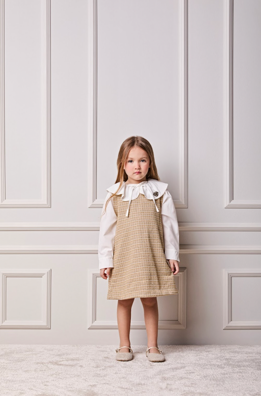 Vestido Infantil Manga Curta Tweed Xadrez Bege - Animê Petite