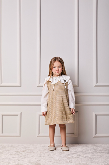 Vestido Infantil Manga Curta Tweed Xadrez Bege - Animê Petite