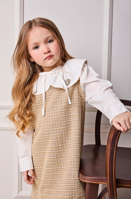 Vestido Infantil Manga Curta Tweed Xadrez Bege - Animê Petite