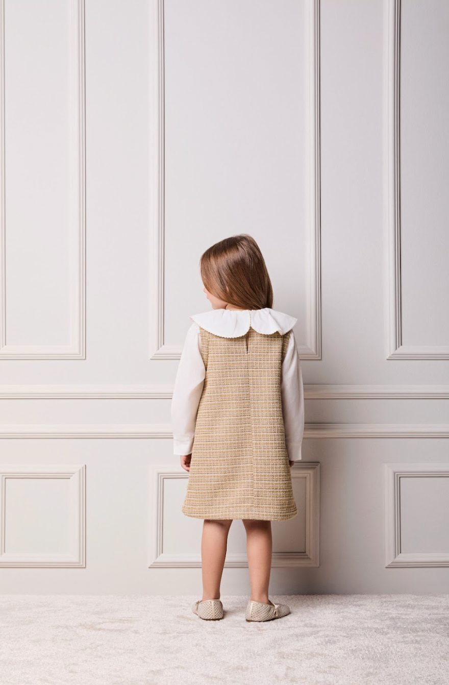 Vestido Infantil Manga Curta Tweed Xadrez Bege - Animê Petite