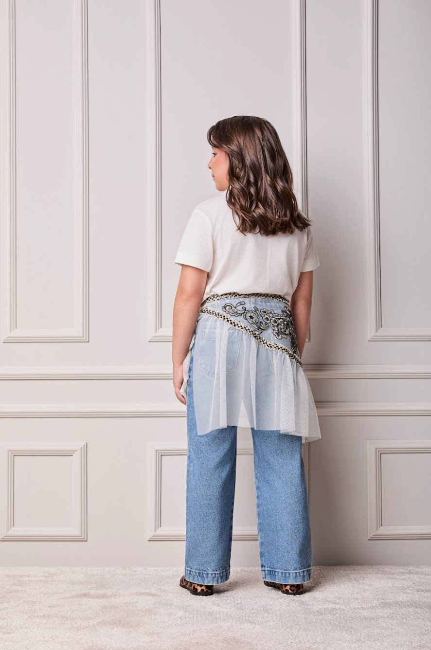 Conjunto Infantil Blusa Golinha Gravata Strass Pérola e Calça Jeans Lenço Bordado - Animê