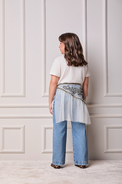 Conjunto Infantil Blusa Golinha Gravata Strass Pérola e Calça Jeans Lenço Bordado - Animê