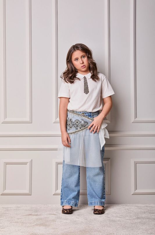 Conjunto Infantil Blusa Golinha Gravata Strass Pérola e Calça Jeans Lenço Bordado - Animê