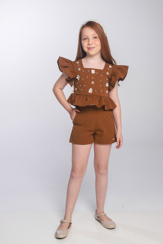 Conjunto Infantil Blusa e Shorts  Sarja Bordado Manual Marrom - Luluzinha