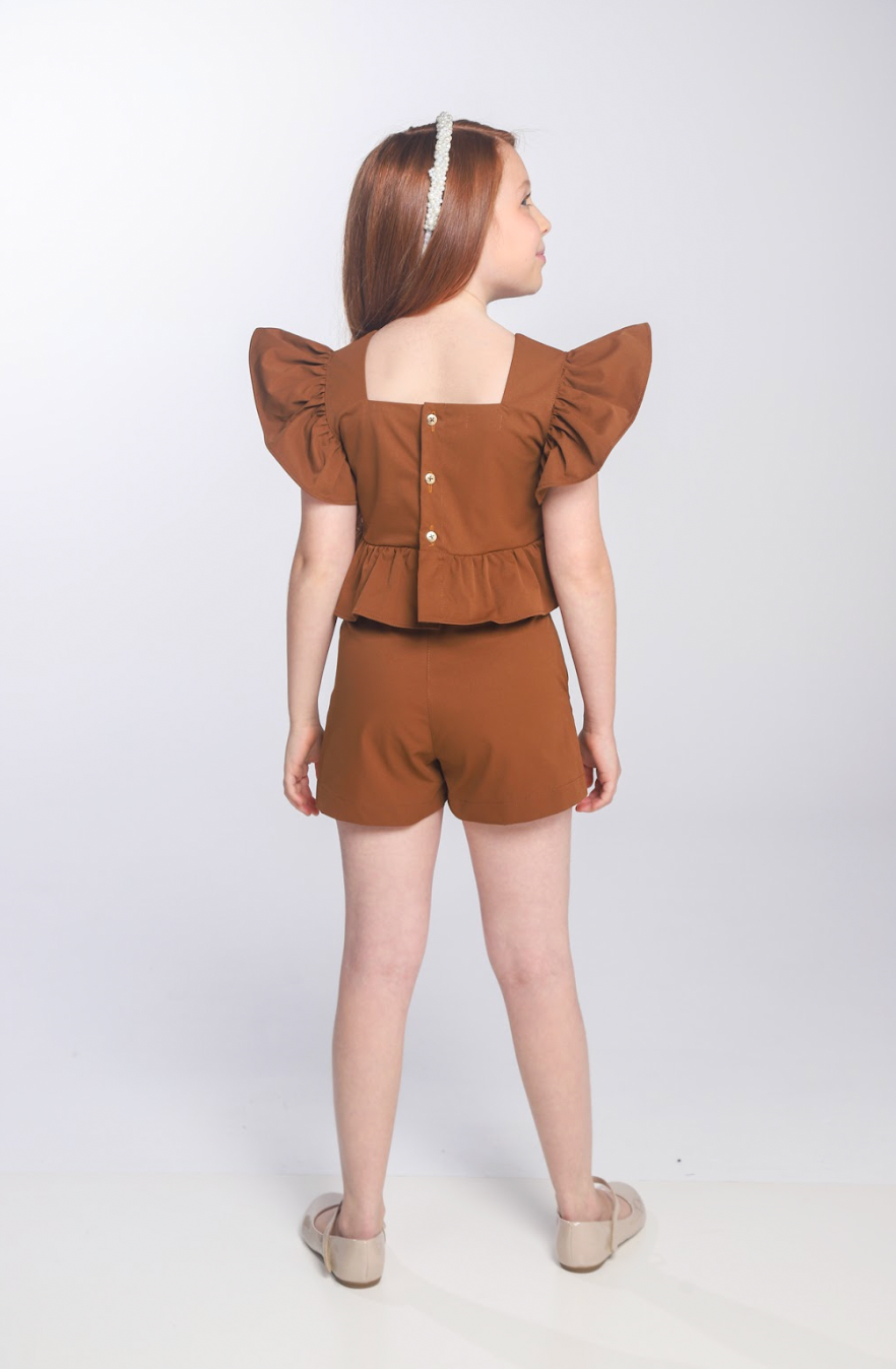 Conjunto Infantil Blusa e Shorts  Sarja Bordado Manual Marrom - Luluzinha