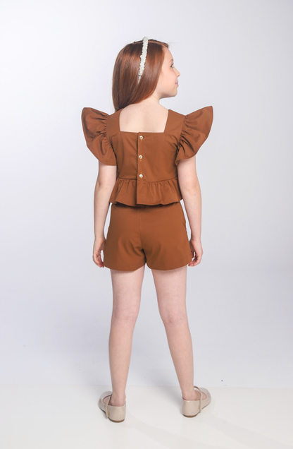 Conjunto Infantil Blusa e Shorts  Sarja Bordado Manual Marrom - Luluzinha