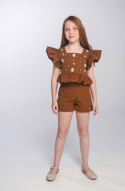 Conjunto Infantil Blusa e Shorts  Sarja Bordado Manual Marrom - Luluzinha