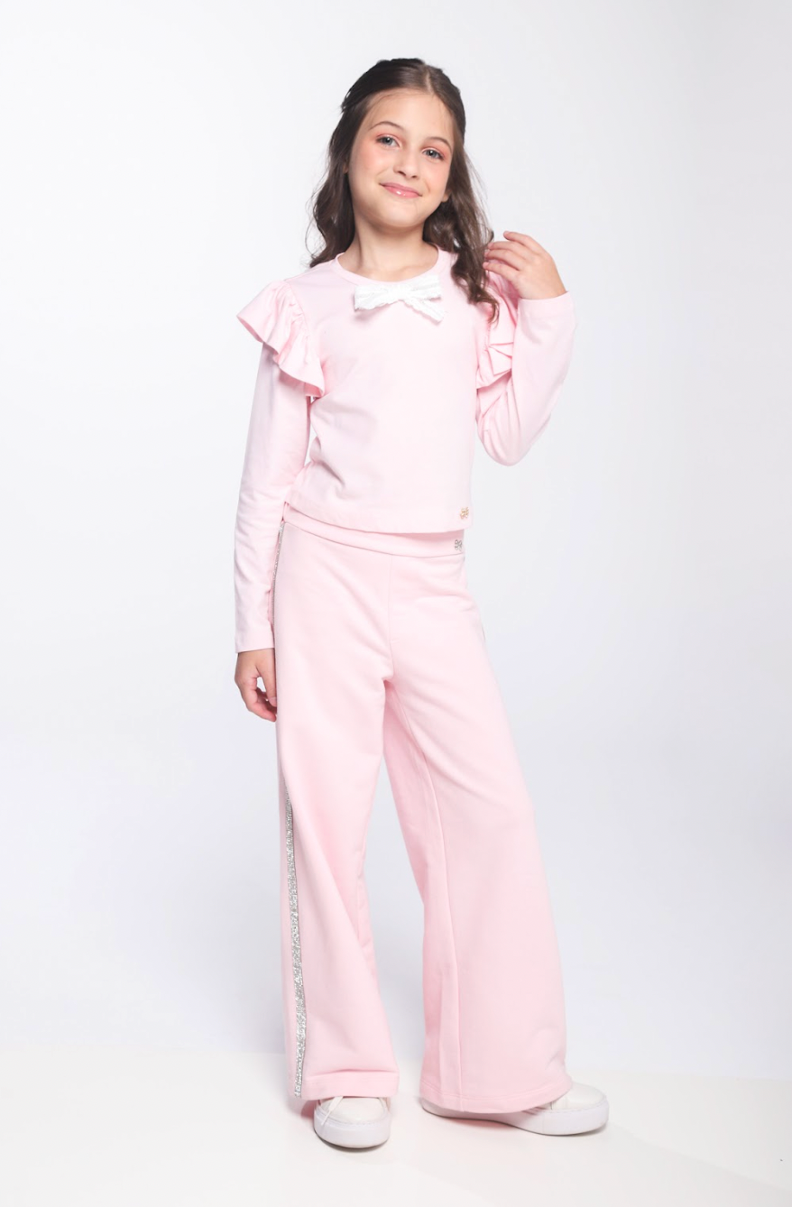 Conjunto Infantil ML Laço e Calça Wide Leg Lateral Glitter Rosa - Luluzinha