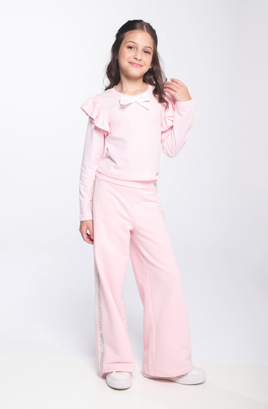 Conjunto Infantil ML Laço e Calça Wide Leg Lateral Glitter Rosa - Luluzinha