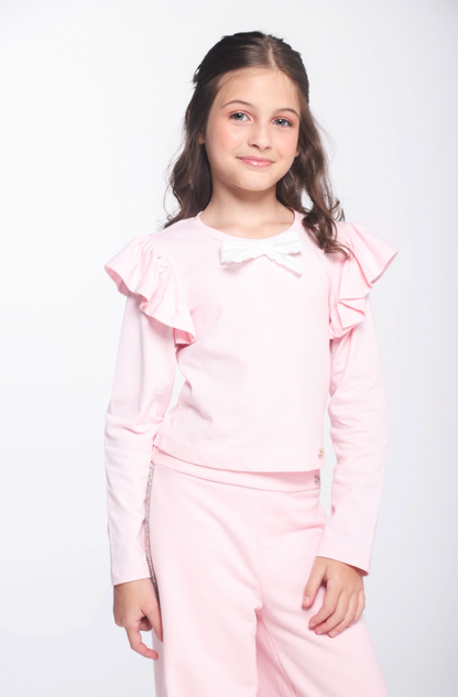Conjunto Infantil ML Laço e Calça Wide Leg Lateral Glitter Rosa - Luluzinha