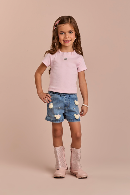 Conjunto Infantil Blusa Rosa e Shorts Jeans Ursinhos  Pompom  - Gabriela Aquarela