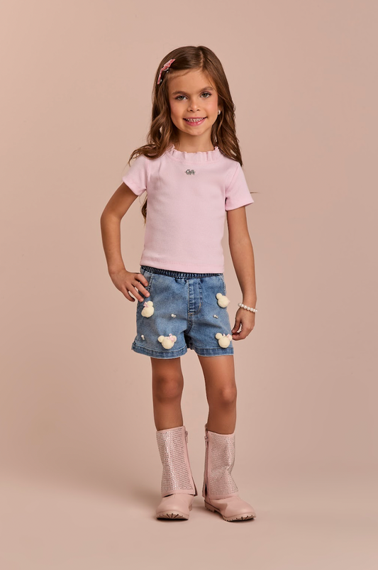 Conjunto Infantil Blusa Rosa e Shorts Jeans Ursinhos  Pompom  - Gabriela Aquarela