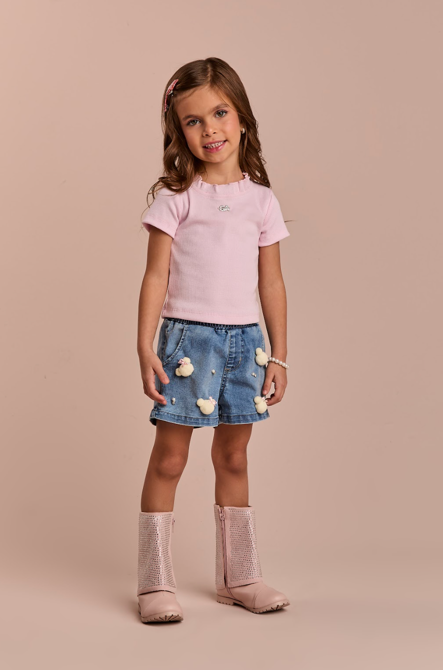 Conjunto Infantil Blusa Rosa e Shorts Jeans Ursinhos  Pompom  - Gabriela Aquarela