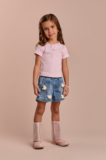 Conjunto Infantil Blusa Rosa e Shorts Jeans Ursinhos  Pompom  - Gabriela Aquarela