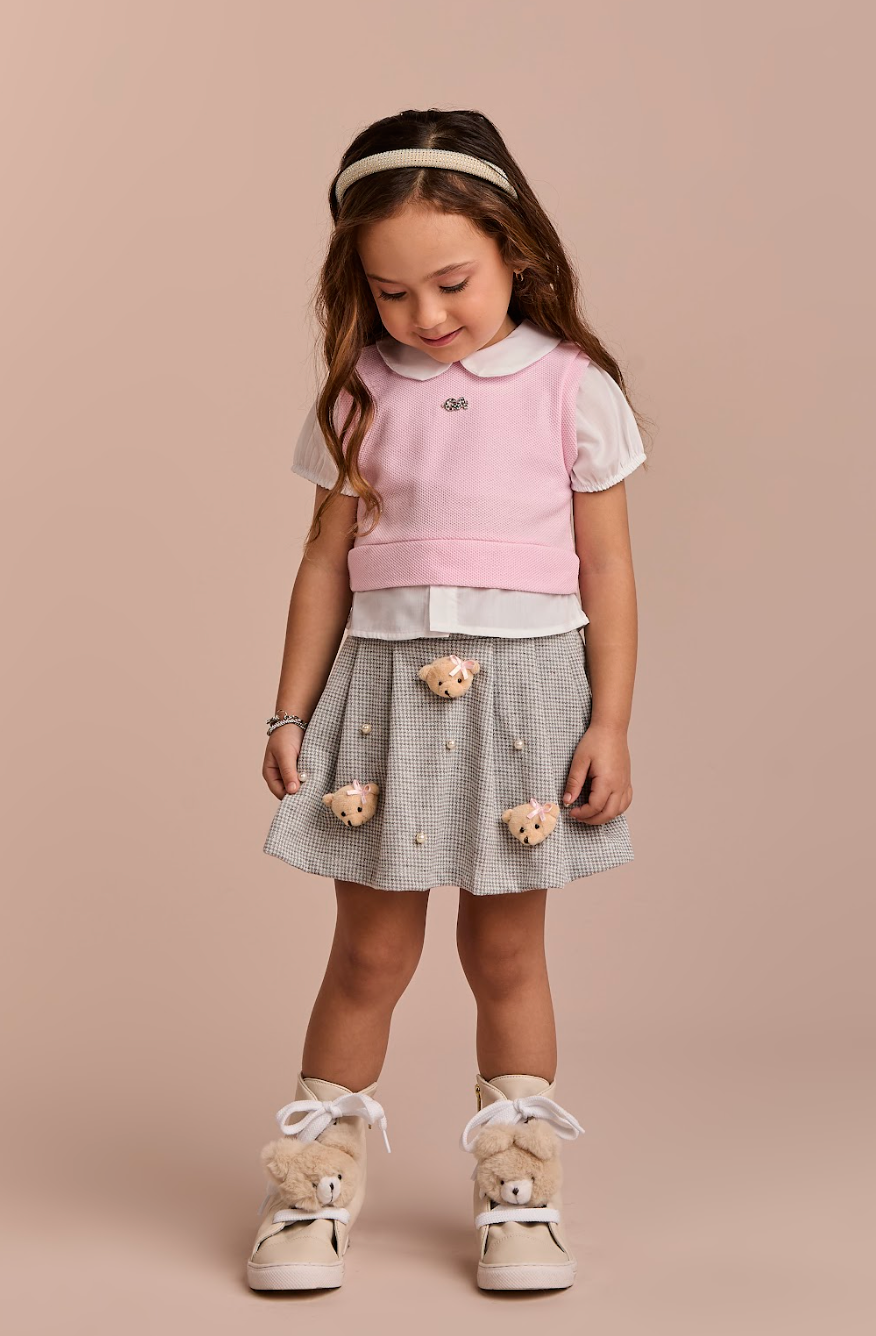 Conjunto Infantil Blusa MC com Tricot Rosa e Saia Pregas Ursinhos - Gabriela Aquarela